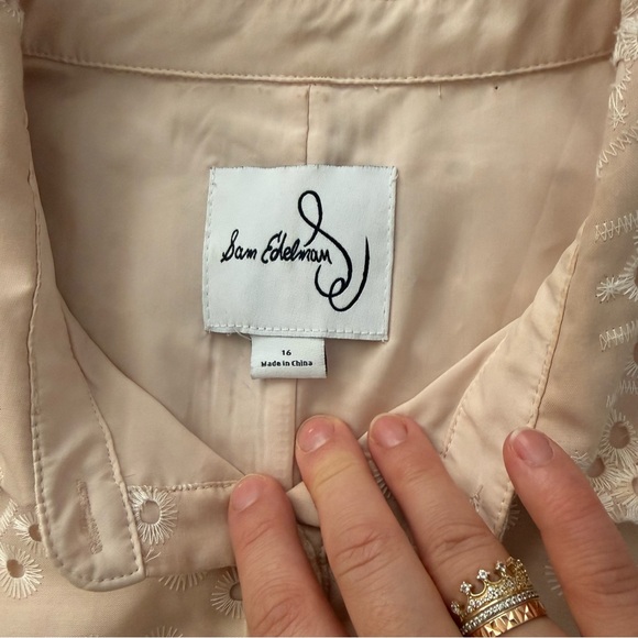 Sam Edelman Blush Pink Champagne Eyelet Puff Sleeve Belted Shirt Dress Wedding - Picture 2 of 6